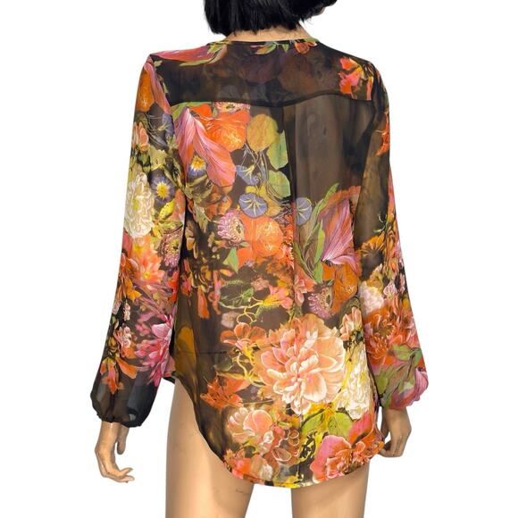 Dark Floral Sheer Blouse S Brown Multi Pin Pleats Fairycore Whimsigoth Ethereal - Picture 4 of 12